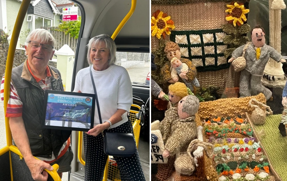 Collage showing Mike receiving his award and a knitted wartime scene