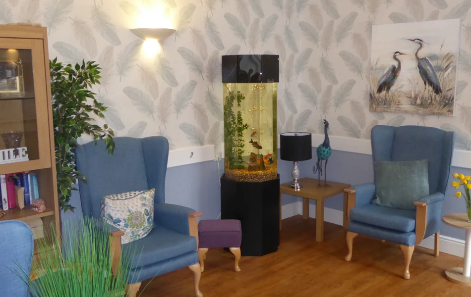 Lounge area with blue chairs and a fish tank